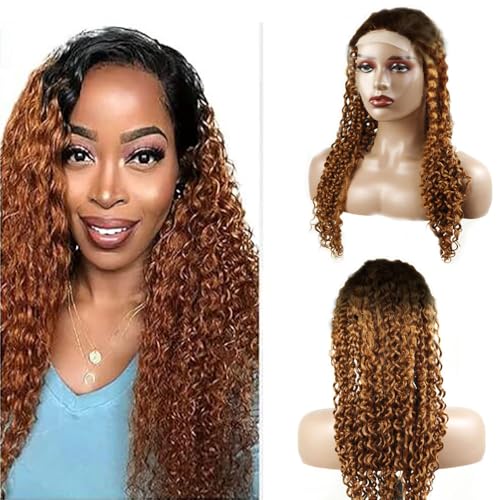 Hxxcoup Perücken Damen Echthaar Curly Wave Human Hair Wig Braun Perücken Lace Frontal Wig Glueless Wig Lange Perücken Transparent Swiss Lace Grade 8A 100% Brazilian Remy Hair 26 Zoll von Hxxcoup