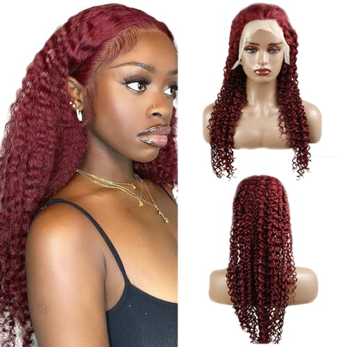 Hxxcoup Perücken Damen Echthaar Curly Wave Wig Human Hair Wig Burgudy Perücken Lace Frontal Wig Glueless Wig Lange Perücken Transparent Swiss Lace Grade 8A 100% Brazilian Remy Hair 26 Zoll von Hxxcoup