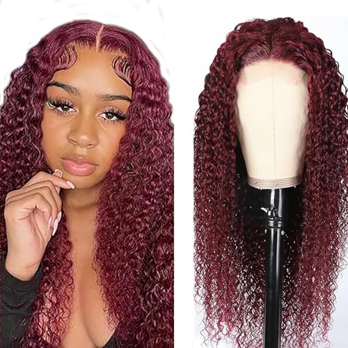 Hxxcoup Perücken Damen Echthaar Curly Wig Human Hair Wig Burgudy Perücken Lace Frontal Wig Glueless Wig Lange Perücken Transparent Swiss Lace Grade 8A 100% Brazilian Remy Hair 26 Zoll von Hxxcoup