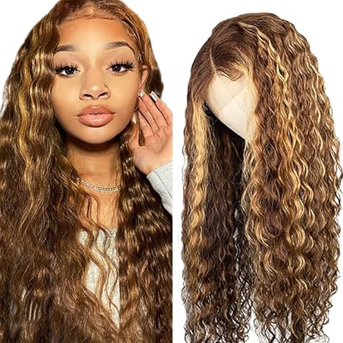 Hxxcoup Perücken Damen Echthaar Deep Wave Human Hair Wig Blonde Perücken Lace Frontal Wig Glueless Wig Lange Perücken Transparent Swiss Lace Grade 8A 100% Brazilian Remy Hair 22 Zoll von Hxxcoup