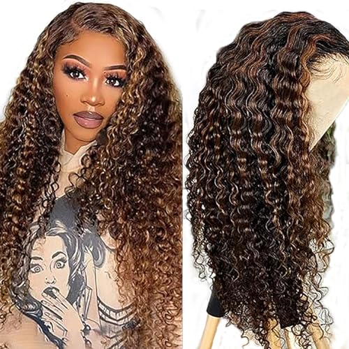 Hxxcoup Perücken Damen Echthaar Deep Wave Human Hair Wig Brown Perücken Lace Frontal Wig Glueless Wig Lange Perücken Transparent Swiss Lace Grade 8A 100% Brazilian Remy Hair 22 Zoll von Hxxcoup