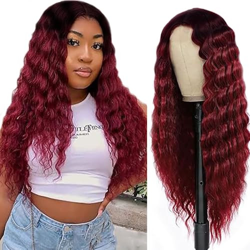 Hxxcoup Perücken Damen Echthaar Deep Wave Human Hair Wig Burgudy Perücken Lace Frontal Wig Glueless Wig Lange Perücken Transparent Swiss Lace Grade 8A 100% Brazilian Remy Hair 26 Zoll von Hxxcoup