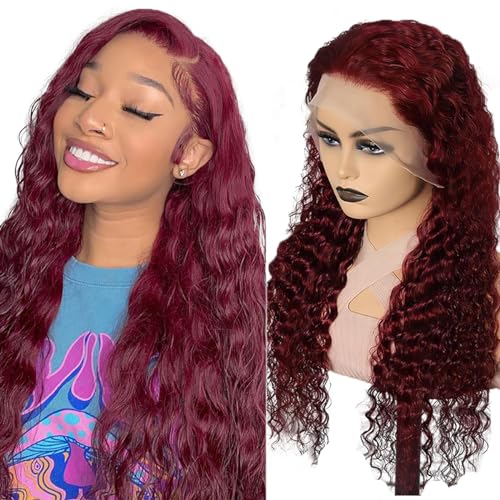 Hxxcoup Perücken Damen Echthaar Deep Wave Wig Human Hair Wig Burgudy Perücken Lace Frontal Wig Glueless Wig Lange Perücken Transparent Swiss Lace Grade 8A 100% Brazilian Remy Hair 26 Zoll von Hxxcoup