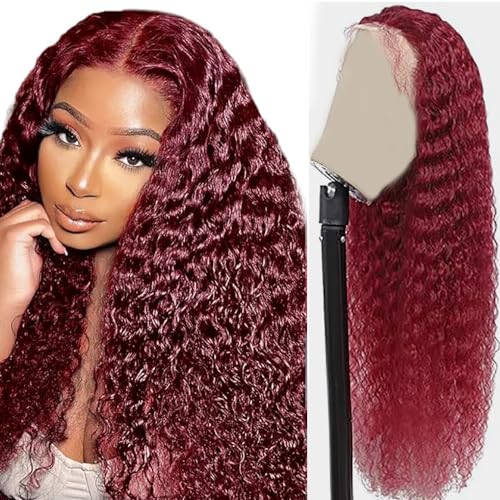 Hxxcoup Perücken Damen Echthaar Deep Wave Wig Human Hair Wig Burgudy Perücken Lace Frontal Wig Glueless Wig Lange Perücken Transparent Swiss Lace Grade 8A 100% Brazilian Remy Hair 26 Zoll von Hxxcoup