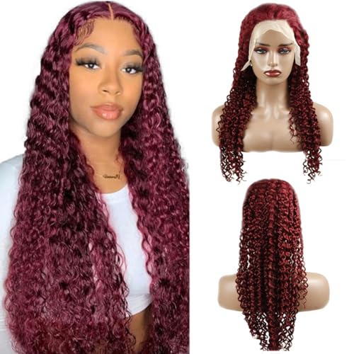 Hxxcoup Perücken Damen Echthaar Water Wave Wig Human Hair Wig Burgudy Perücken Lace Frontal Wig Glueless Wig Lange Perücken Transparent Swiss Lace Grade 8A 100% Brazilian Remy Hair 26 Zoll von Hxxcoup