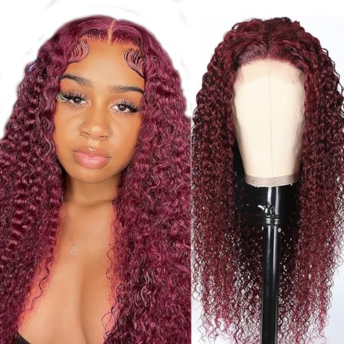 Hxxcoup Perücken Damen Echthaar Water Wave Wig Human Hair Wig Burgudy Perücken Lace Frontal Wig Glueless Wig Lange Perücken Transparent Swiss Lace Grade 8A 100% Brazilian Remy Hair 26 Zoll von Hxxcoup