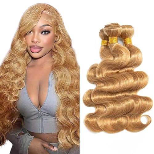 Hxxcoup Sew in Bundles Echthaar Tressen Zum EinnäHen Human Hair Bundles Body Wave #27 Blonde Double Weft Extensions 30 32 34 Inch with Minimal Smell Minimal Tangle 100g/pc for Women von Hxxcoup