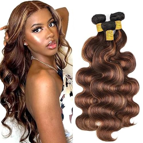 Hxxcoup Sew in Bundles Echthaar Tressen Zum EinnäHen Human Hair Bundles Body Wave P430 Highlight Brown Double Weft Extensions 18 20 22 Inch with Minimal Smell Minimal Tangle 100g/pc for Women von Hxxcoup