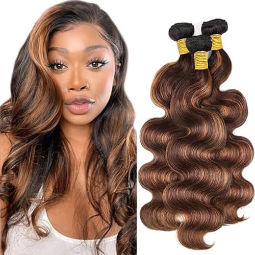 Hxxcoup Sew in Bundles Echthaar Tressen Zum EinnäHen Human Hair Bundles Body Wave P430 Highlight Brown Double Weft Extensions 26 28 30 Inch with Minimal Smell Minimal Tangle 100g/pc for Women von Hxxcoup