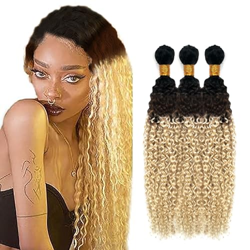 Hxxcoup Sew in Bundles Echthaar Tressen Zum EinnäHen Human Hair Bundles Curly Wave 1B4613 Ombre Blond Double Weft Extensions 22 24 26 Inch with Minimal Smell Minimal Tangle 100g/pc for Women von Hxxcoup