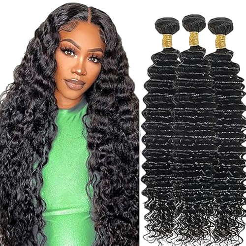 Hxxcoup Sew in Bundles Echthaar Tressen Zum EinnäHen Human Hair Bundles Deep Wave Natural Black Double Weft Extensions 16 18 20 Inch with Minimal Smell Minimal Tangle 100g/pc for Women von Hxxcoup