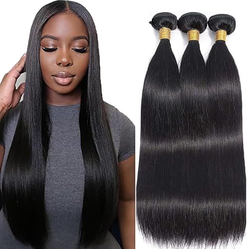 Hxxcoup Sew in Bundles Echthaar Tressen Zum EinnäHen Human Hair Bundles Straight Natural Black Double Weft Extensions 30 32 34 Inch with Minimal Smell Minimal Tangle 100g/pc for Women von Hxxcoup