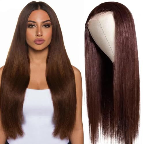 Hxxcoup Straight Hair Wig Human Hair Wig Brown 4x1 Lace Front Wig Echthaar Perücke Dunkelbraun Perücke Damen Perücke Welliges Haar Farbe Lange Perücken Human Hair Wig for Woman 32 Zoll von Hxxcoup