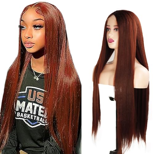 Hxxcoup Straight Wig Human Hair Perücke Reddish Echthaar Perücke Rotbraun Perücke Damen Perücke 5x5 Lace Front Wig Welliges Haar Braun Farbe Lange Perücken Human Hair Wig for Black Woman 20 Zoll von Hxxcoup