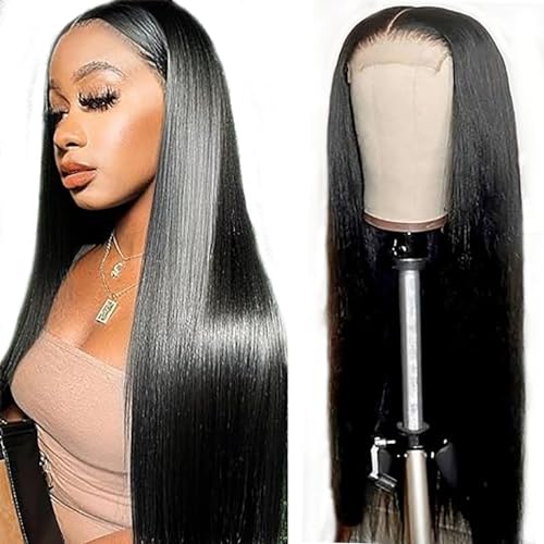 Hxxcoup Straight Wig Human Hair Wig Natural Black 5x5 Lace Front Wig Echthaar Perücke Schwarz Perücke Damen 24 Inch Glueless Wig with Baby Hair Human Hair Wig for Black Woman 24 Zoll von Hxxcoup