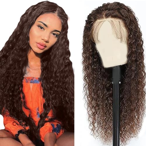 Hxxcoup Water Wave Echthaar Lace Wig Braun Human Hair Wig Brown 4x1 Lace Front Wig Echthaar Perücke Dunkelbraun Perücke Damen Perücke Welliges Haar Farbe Lange Perücken for Woman 32 Zoll von Hxxcoup