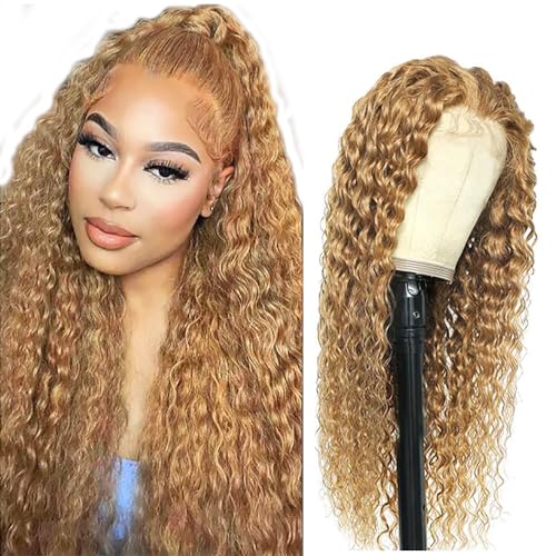 Hxxcoup Water Wave Wig Human Hair Wig 13x4 Lace Front Wig Echthaar Perücke Blonde Perücke Damen Pre Plucked Bleached Knots with Baby Hair #27 Color Human Hair Wig for Black Woman 24 Zoll von Hxxcoup