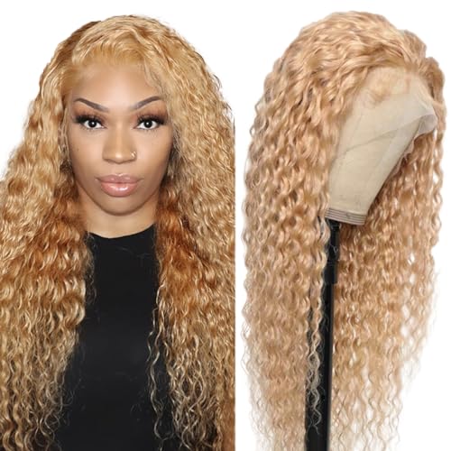 Hxxcoup Wig Human Hair Perücken Damen Echthaar Deep Wave Blonde Perücken Lace Frontal Wig Glueless Wig Lange Perücken Transparent Swiss Lace Grade 8A 100% Brazilian Remy Hair 22 Zoll von Hxxcoup