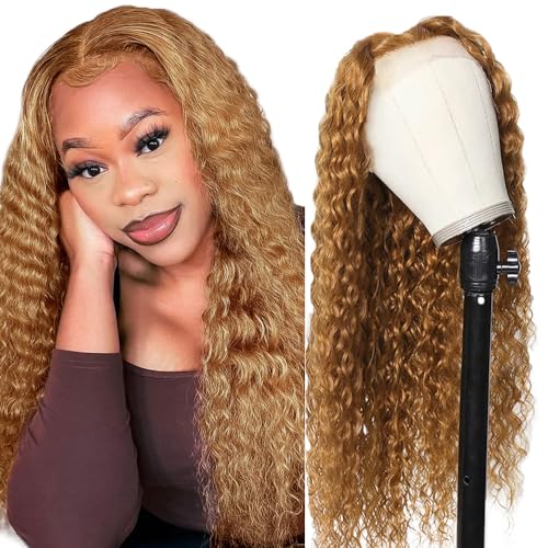 Hxxcoup Wig Human Hair Perücken Damen Echthaar Water Wave Blonde Perücken Lace Frontal Wig Glueless Wig Lange Perücken Transparent Swiss Lace Grade 8A 100% Brazilian Remy Hair 22 Zoll von Hxxcoup