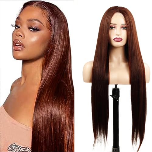 Hxxcoup Wig Human Hair Wig Brown Perücke lang Echthaar 4x1 Lace Front Wig Echthaar Perücke Rötlich Braun Perücke Damen Perücke Welliges Haar Farbe Lange Perücken Human Hair Wig for Woman 34 Zoll von Hxxcoup