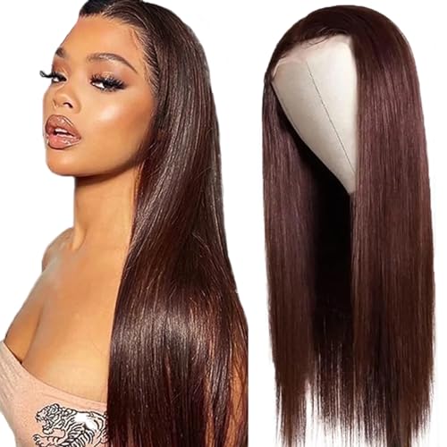 Hxxcoup Wig Human Hair Wig Brown Wig Perücke lang Echthaar 4x1 Lace Front Wig Echthaar Perücke Dunkelbraun Perücke Damen Perücke Welliges Haar Farbe Lange Perücken Human Hair Wig for Woman 34 Zoll von Hxxcoup