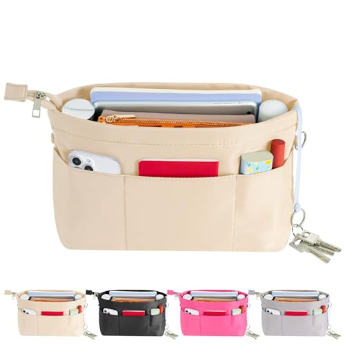 HyFanStr Handtaschen Organizer Nylon, Taschenorganizer Tasche in Tasche Organizer Innentaschen für Handtaschen mit Schlüsselkette,Beige,Klein von HyFanStr