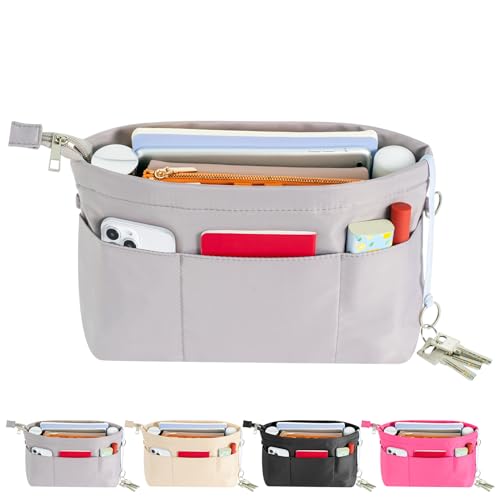 HyFanStr Handtaschen Organizer Nylon, Taschenorganizer Tasche in Tasche Organizer Innentaschen für Handtaschen mit Schlüsselkette,Grau,Klein von HyFanStr