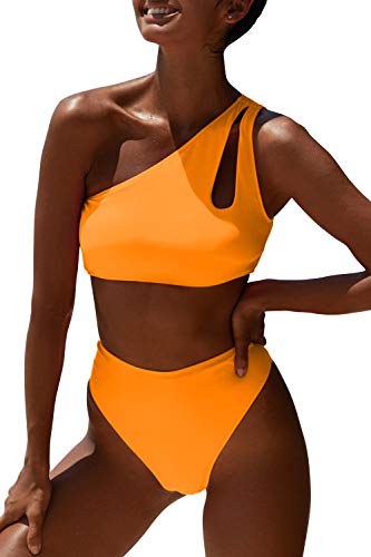 Damen-Badeanzug, bauchfrei, hohe Taille, eine Schulter, Sport-Bikini, zweiteiliger Push-Up-Badeanzug - Orange - Small von HyMeYou