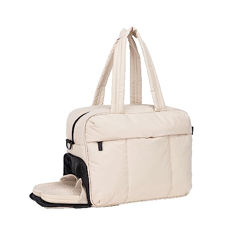 HyRaM Duffel Bag Puffer Gym Tote Bag Gesteppte Nylon Tasche Puffy Duffel Übernachtung Tasche Frauen Reisetasche mit Schuhfach, beige von HyRaM