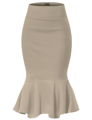 H&C Damen Bleistiftrock aus hochwertigem Nylon, Ponte, Stretch, hohe Taille, hergestellt in den USA, unterhalb des Knies, Ksk45010-1073t-khaki, Groß von Hybrid & Company