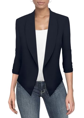 Hybrid & Company Damen Casual Arbeit Büro Blazer Jacke Open Front Revers mit 3/4 Scrunch Ärmeln, Marineblau, L von Hybrid & Company