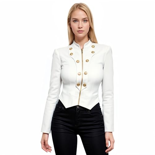 Hybrid & Company Damen Militär Zuschneiden Stretch Reißverschluss Blazer Jacke Kleine Elfenbein von Hybrid & Company