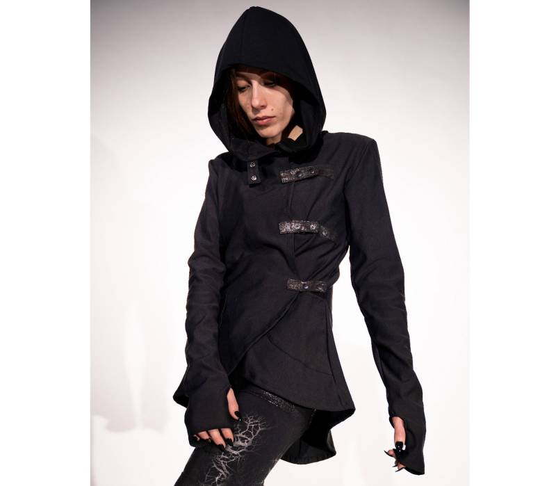 Blazer-Hoodie Wgt Burning Man Festival Olive Schwarz Asymmetrisch Tailliert Ausgestellt Cyberpunk Steampunk Gothic Glamrock Hybridpunkberlin von HybridPunkBerlin