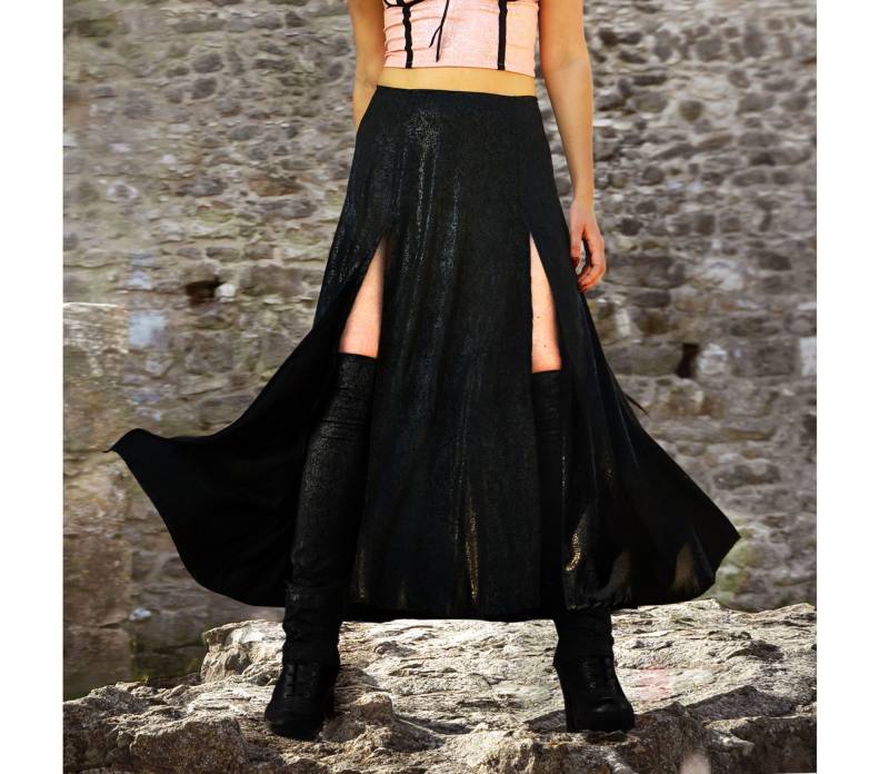Cleather Skirt Long Schwarz Rock Lang Damen Veganes Leder | -Imitat Kunstleder Aus Baumwolle Viskose Cberpunk Gothic Goth Fantasy Weit von HybridPunkBerlin