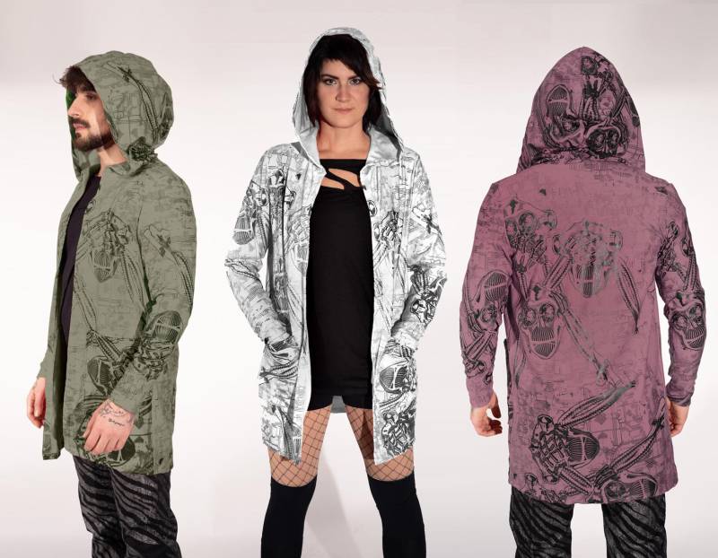 Cybermonkey Red Mauve White Grey Olive Hoodiejacke Long Hoodie Geknöpft Genderless Unisex - Tech Wear Extravagant Slow Fashion Berlin Cybermonkey Red Mauve White Grey Olive Hoodiejacke Long Hoodie Geknöpft Genderless Unisex - Tech Wear Extravagant Slow Fashion Berlin von HybridPunkBerlin