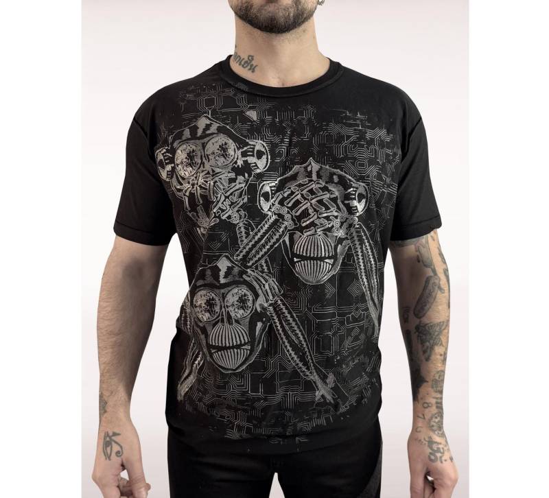 Cybermonkey Shirt Three Apes Drei Affen Hybridpunkberlin Schwarz Männershirt Herrenshirt Cyberpunk Gothic Goth Postapokalyptisch Dark von HybridPunkBerlin