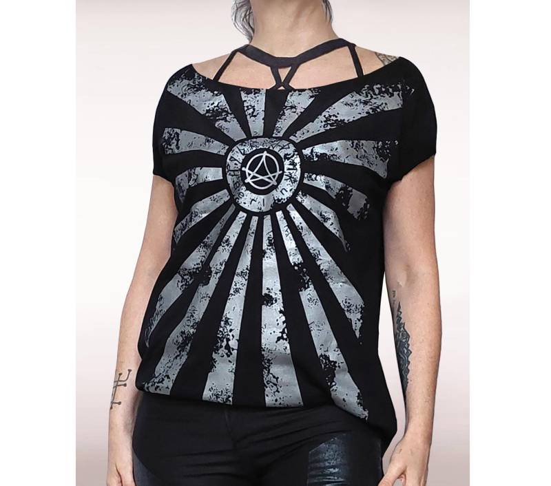 Hpb Logo Shirt Women Weites Damenshirt Mit Streifen Sommershirt Rot Silber Schwarz Ausschnitt Vokuhila Punk Locker Fallend Designershirt von HybridPunkBerlin