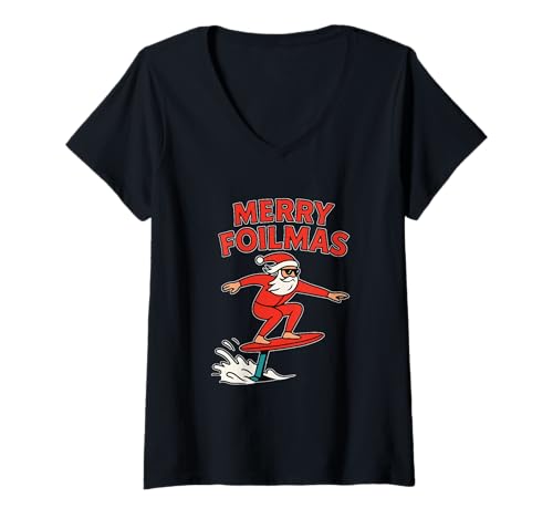 Damen Merry Foilmas Weihnachtsmann Hydrofoiling Weihnachtsdesign T-Shirt mit V-Ausschnitt Damen Merry Foilmas Weihnachtsmann Hydrofoiling Weihnachtsdesign T-Shirt mit V-Ausschnitt von Hydrofoiling Santa
