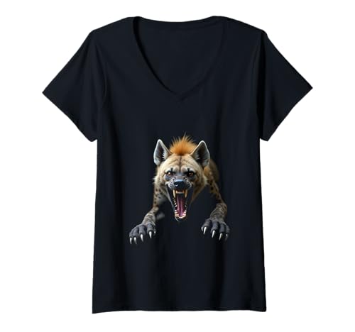 Damen Wütender Hyänenkopf brüllende Wildtier-Safari-Kunst T-Shirt mit V-Ausschnitt Damen Wütender Hyänenkopf brüllende Wildtier-Safari-Kunst T-Shirt mit V-Ausschnitt von Hyena Fun Designs