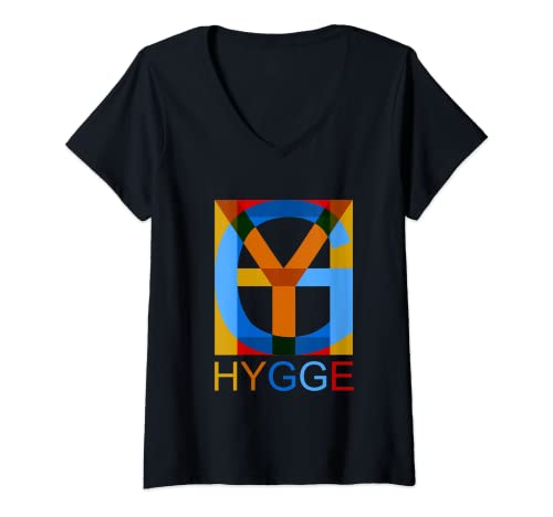 Damen Farbenfroher Hygge-Schriftzug T-Shirt mit V-Ausschnitt Damen Farbenfroher Hygge-Schriftzug T-Shirt mit V-Ausschnitt von Hygge Hyggelig Hyggeligt Hyggestund