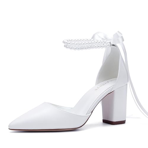 Damen-Sandalen mit offenem Zehenbereich, Blockabsatz, Perlen, Hochzeitsschuhe für die Braut, klobiger Absatz, Brautschuhe, Pumps, Weiße, geschlossene Zehenpartie, 39.5 EU von Hyinlays