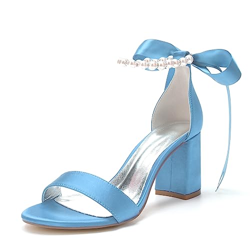 Hyinlays Blockabsätze für Damen, hoher Absatz mit Perlen, Knöchelriemen, Hochzeitsschuhe, offene Zehen, elegante Pumps, Sandalen, Himmelblau, 38.5 EU von Hyinlays