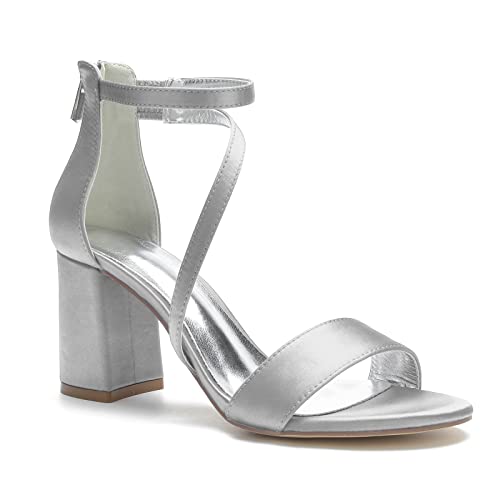 Hyinlays Damen Blockabsatz Pumps Kleid Schuhe Satin Knöchelriemen Chunky Prom Hochzeit Pumps Sandalen, silber, 38.5 EU von Hyinlays