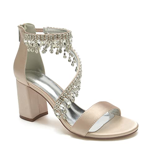 Hyinlays Damen Chunky Blockabsatz Kristall High Heel Pumps Sandalen Knöchelriemen Hochzeitsschuhe Abschlussball Abend Pumps, Champagner, 39 EU von Hyinlays