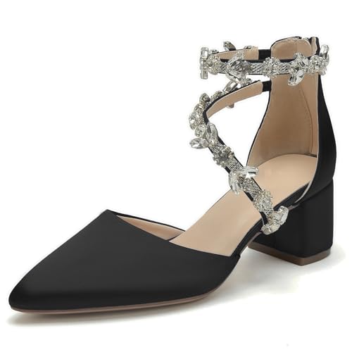 Hyinlays Damen-Sandalen mit geschlossenem spitzem Zehenbereich, Blockabsatz, Satin, Kristall, Hochzeits-Pumpschuhe, klobig, niedriger Absatz, Brautschmuck, Abschlussball, Schwarz, 41 EU von Hyinlays