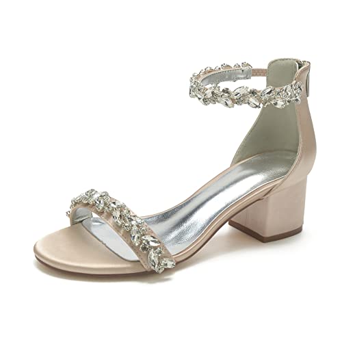 Hyinlays Damen-Sandalen mit offenem Zehenbereich, Knöchelriemen, niedriger Blockabsatz, Kristall-Satin, Hochzeitssandalen, Abschlussball, Partykleid, Pumpschuhe, Champagner, 36 EU von Hyinlays