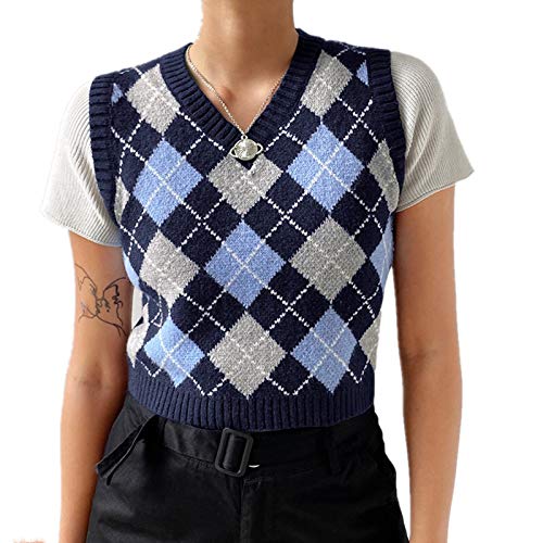 Damen Argyle, Plaid Strickpullover Weste Streetwear Preppy Style V Ausschnitt Crop Strickware Tank Top - - Groß von Hyipels