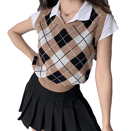 Hyipels Argyle Pullover Weste Frauen Y2K Plaid Gestrickt Streetwear Preppy Style V Ausschnitt Crop Strickwaren Tank Top für Mädchen, Z Kakhi, Klein von Hyipels