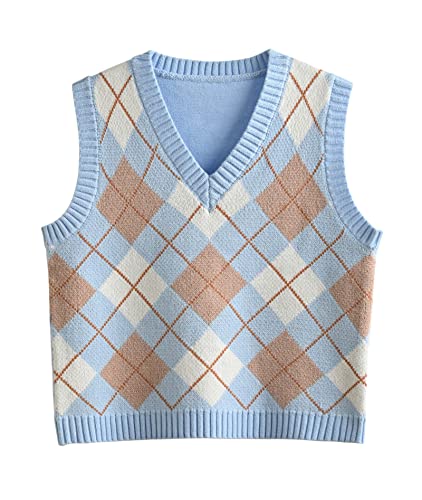 Hyipels Argyle Pullover Weste Frauen Y2K Plaid Gestrickte Streetwear Preppy Style V Ausschnitt Crop Strickwaren Tank Top für Mädchen, Argyle Hellblau, Groß von Hyipels