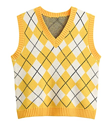 Hyipels Argyle Pullover Weste Frauen Y2K Plaid Gestrickte Streetwear Preppy Style V Ausschnitt Crop Strickwaren Tank Top für Mädchen, Argyle2 Gelb, Groß von Hyipels
